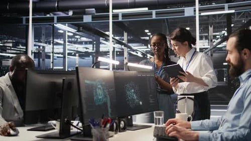 Software Developers Working Together in Server Farm Reviewing AI Code