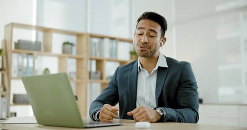 Office, business and man with a laptop, video call and connection with virtual conference