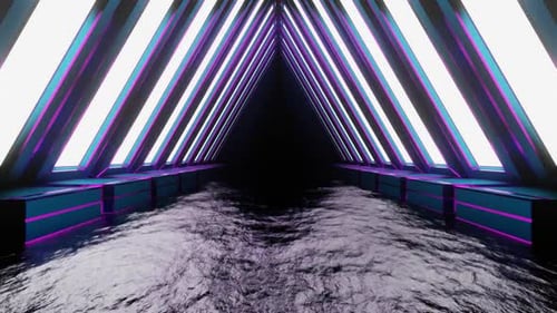 Cyan And Pink Neon Glowing Triangular Arch Tunnel Background Vj Loop In HD