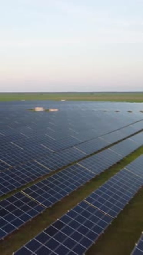 Aerial Vertical View of a Solar Panels Power Plant Photovoltaic Solar Panels at Sunrise and Sunset