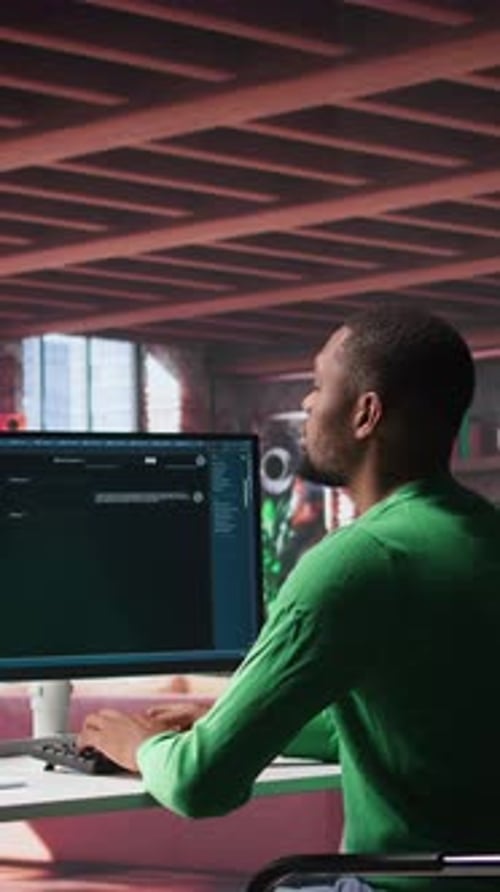 Un trabajador remoto de vídeo vertical utiliza un bot de IA conversacional para ayudar a resolver las tareas diarias