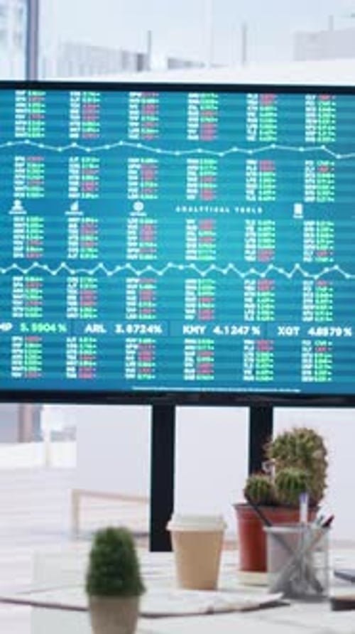 Vertical Video Big Screen in Financial Department Office Shows Stock Exchange Indices