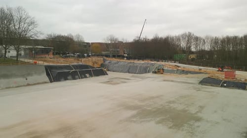 Fly Above Construction Side Revealing Crawler Excavator Operator Getting Instructions Frankfurt Am