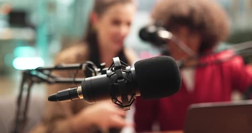 Radio, studio or people with mic, live stream or host for talk show on website