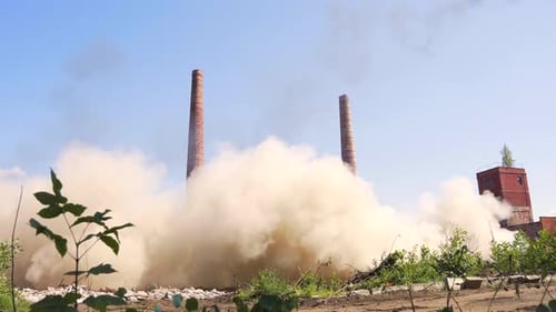 Demolition of Old Industrial Brick Pipe at the Factory