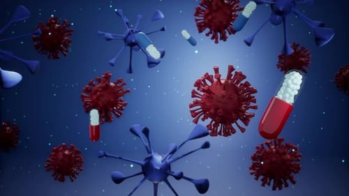 Coronavirus-Partikel und Medikamentenkapsel