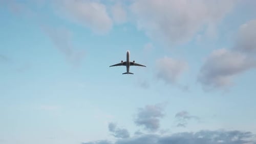 Commercial Airplane Flying Upwards in Blue Sky