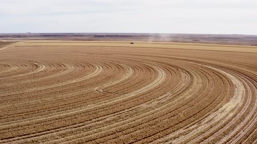 Wide drone shot showing combine harvesting corn in Texas