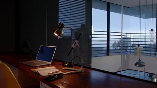 Laptop, notebook, and smartphone on desk in modern home office setup, copy space