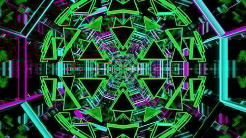 Mirrored Led Bright Green With Pink And Cyan Colored Kaleidoscope Tunnel Vj Loop Background