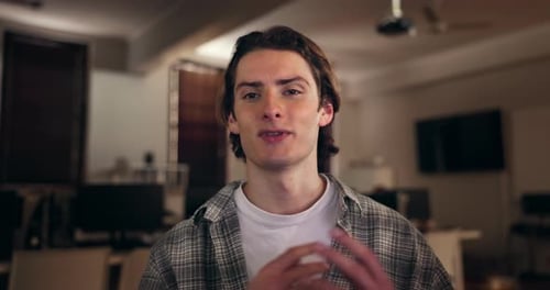 Man, talking and face in video call for remote work, online or virtual communication with internet