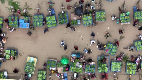 Vista aérea del mercado de frutas, Bangladesh.