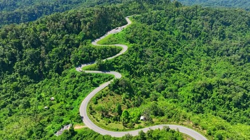 Aerial view of a dangerous winding highway in the jungle.