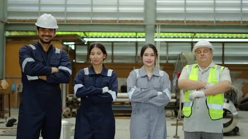 Portrait of diverse industrial factory workers crossing arms confidently. engineering team