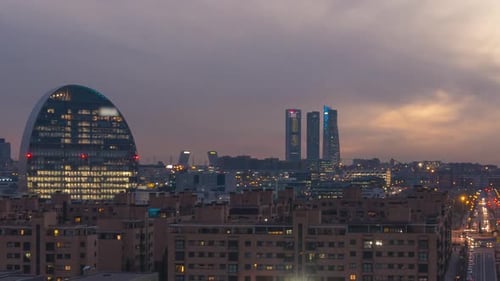 Timelapse of sunset from Las Tablas, Madrid. Cuatro torres bussines area and BBVA tower as main subj