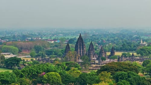 Prambanan temple and panorama of cityscape, aerial view