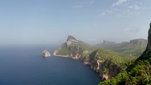 Panoramic View of Tranquil Green Mountain Landscape Island, aerial drone
