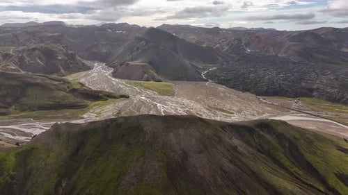 Panoramic view overlooking Landmannalaugar mountain in Iceland during golden hour