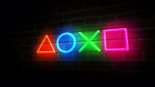 Íconos del joystick, deportes Vídeo, neón sobre pared de ladrillo 3D