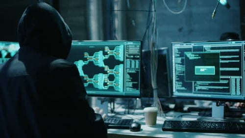 Hooded Hacker Breaks into Corporate Data Servers and Infects them with Virus. His Hideout Place has