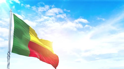 Benin Flag Waving in Bright Sky with Sun