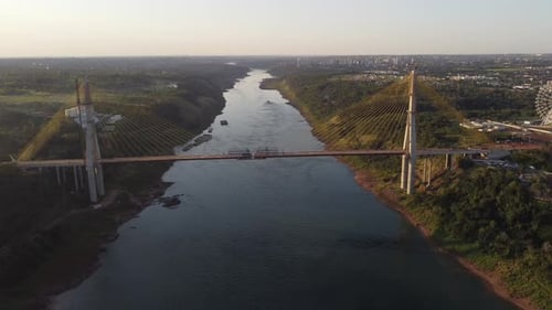 aerial view of the Integration Bridge over the Parana River under construction between Brazil and Pa