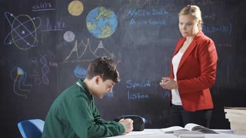 Teacher Explains Lesson to Student in Classroom
