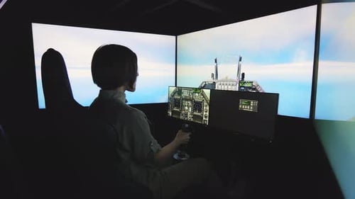 Female Pilot Flying on Virtual Plane on Cruising Altitude
