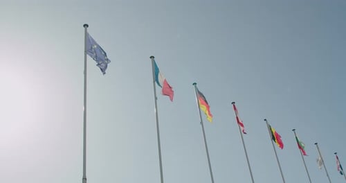 Row of International Flags Blowing Gently in Breeze