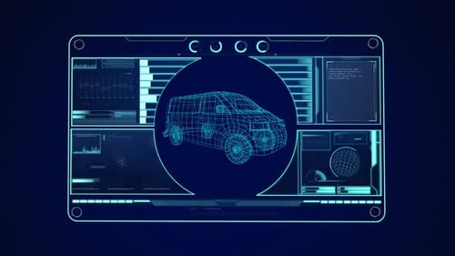 Futuristic HUD Display with Wireframe Van and Data Analysis