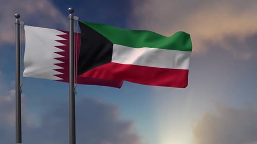 Qatar and Kuwait National Flags Waving Against Cloudy Sky