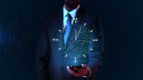 Businessman Virtual Display HUd Hologram Time Management and Schedule Clock for Meeting on Deadline