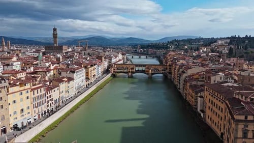 Aerial view of Ponte Vecchio bridge over the Arno River in Florence, Italy
