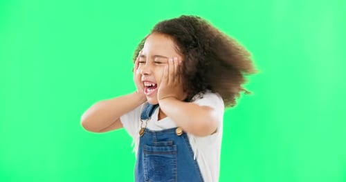 Excited, cheering and girl shake head, green screen and achievement with happiness