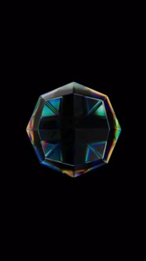 Objet géométrique brillant rotatif transparent 3D avec effet de dispersion, réflexion des couleurs arc-en-ciel