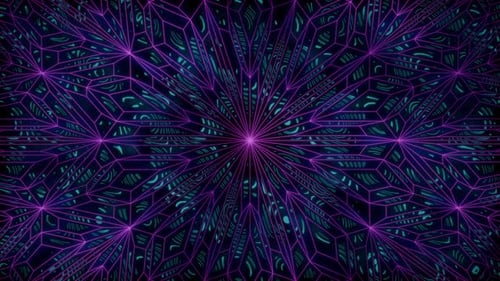 Abstract kaleidoscope mandala made of glowing purple geometric lines and blue psychedelic patterns