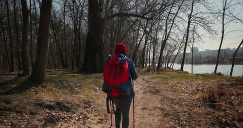 Backpacker Hiker Girl with Hiking Poles Walking Between Trees in a Mountain Forest Hispanic Teenager