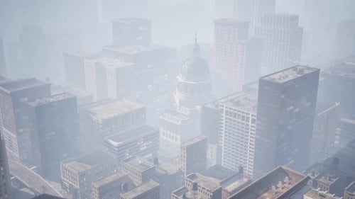 Aerial Modern Cityscape with Foggy Rotating Camera