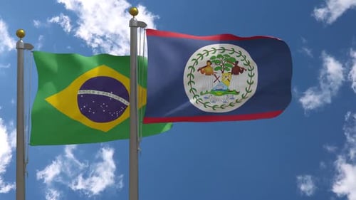 Brazil and Belize Flags Waving in Blue Sky