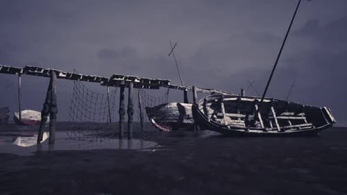 Abandoned Boats and Pier on Gloomy Stormy Seascape