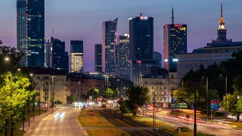 Springtime Sunset Over Mokotow District Roads, Warsaw Timelapse