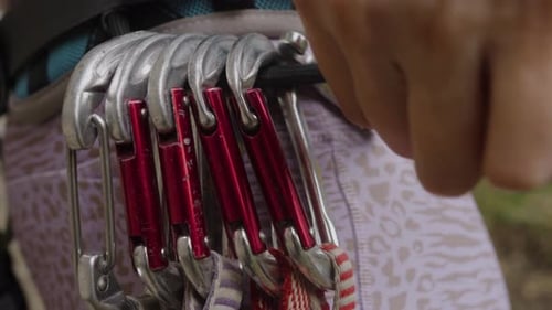 Detailed View of a Climber's Hand Selecting Carabiners and Gear From a Harness