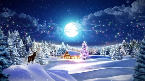 Winter Forest Christmas Scene with Falling Snow and Twinkling Stars