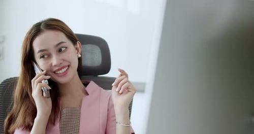 Modern office scene business woman's close-up phone conversation and communication skills