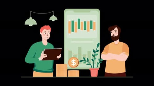Flat Design Animation of Businessmen Analyzing Stock Market Data