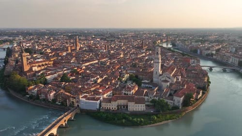 Verona Skyline Aerial View of Historical City Centre Red Tiled Roofs Italy