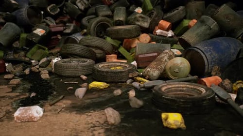 Urban Dump Filled with Discarded Tires Trash and Debris in a Polluted Area