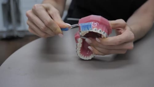 Woman Brushing Teeth with Braces