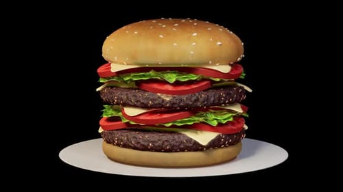 3D-Rendern. Ein großer Burger auf einem Teller dreht sich um 360 Grad auf schwarzem Hintergrund
.