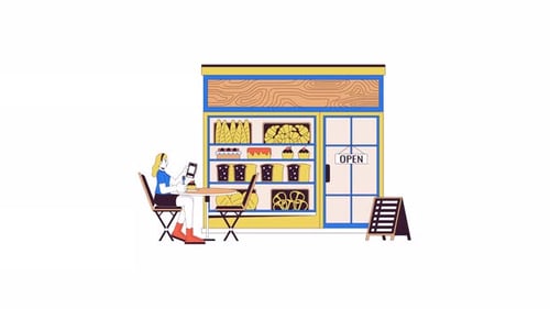 Woman with smartphone in cafe line 2D character animation